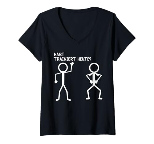 Damen Strichmännchen HART TRAINIERT Heute Lustiges Gym T-Shirt mit V-Ausschnitt von Gym Shirt Strichmännchen Fitnessstudio Training