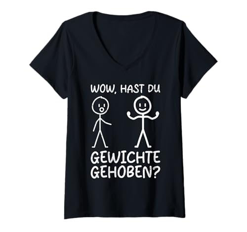 Damen Strichmännchen HAST DU Gewichte GEHOBEN Lustig Gym T-Shirt mit V-Ausschnitt von Gym Shirt Strichmännchen Fitnessstudio Training