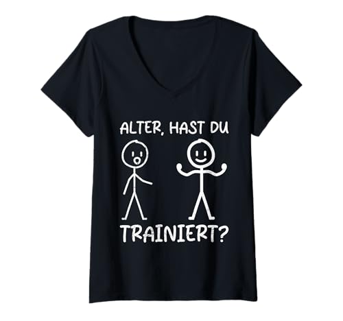 Damen Strichmännchen HAST DU TRAINIERT Lustiges Gym T-Shirt mit V-Ausschnitt von Gym Shirt Strichmännchen Fitnessstudio Training
