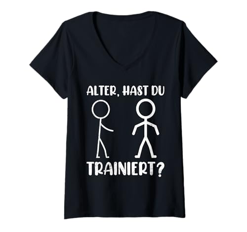 Damen Strichmännchen HAST DU TRAINIERT Lustiges Gym T-Shirt mit V-Ausschnitt von Gym Shirt Strichmännchen Fitnessstudio Training