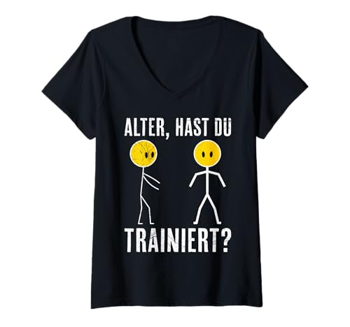 Damen Strichmännchen HAST DU TRAINIERT Lustiges Gym T-Shirt mit V-Ausschnitt von Gym Shirt Strichmännchen Fitnessstudio Training