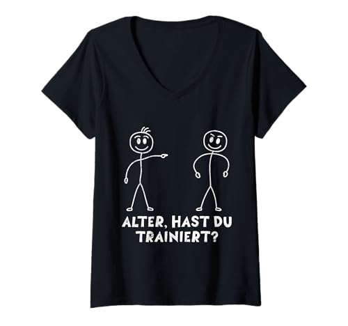 Damen Strichmännchen HAST DU TRAINIERT Lustiges Gym T-Shirt mit V-Ausschnitt von Gym Shirt Strichmännchen Fitnessstudio Training