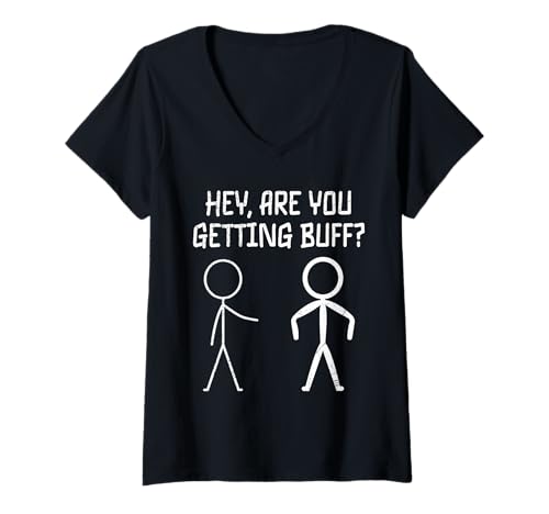 Damen Strichmännchen Hey Are You Getting Buff LUSTIG Fitnessstudio T-Shirt mit V-Ausschnitt von Gym Shirt Strichmännchen Fitnessstudio Training