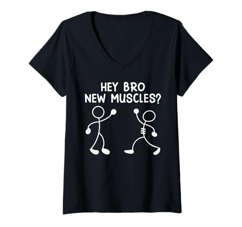 Damen Strichmännchen Hey BRO New Muscles Lustiges Fitnessstudio T-Shirt mit V-Ausschnitt von Gym Shirt Strichmännchen Fitnessstudio Training