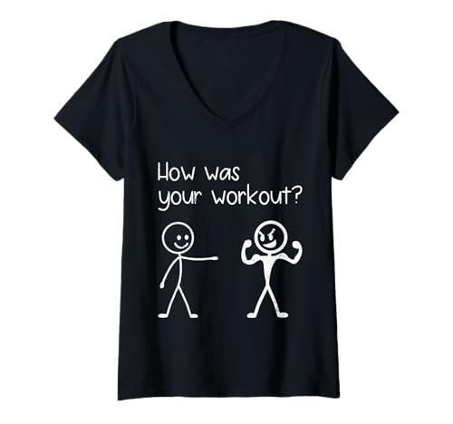 Damen Strichmännchen How was Your Workout LUSTIG Fitnessstudio T-Shirt mit V-Ausschnitt von Gym Shirt Strichmännchen Fitnessstudio Training