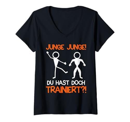 Damen Strichmännchen Junge HAST DU TRAINIERT Lustig Gym T-Shirt mit V-Ausschnitt von Gym Shirt Strichmännchen Fitnessstudio Training