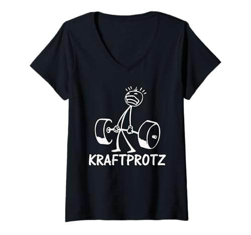 Damen Strichmännchen KRAFTPROTZ Lustiges Kraftsport T-Shirt mit V-Ausschnitt von Gym Shirt Strichmännchen Fitnessstudio Training