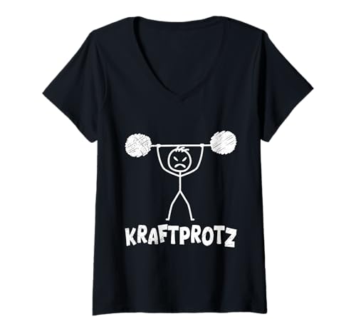 Damen Strichmännchen KRAFTPROTZ Lustiges Kraftsport T-Shirt mit V-Ausschnitt von Gym Shirt Strichmännchen Fitnessstudio Training
