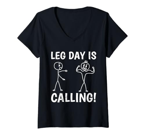 Damen Strichmännchen Leg Day is Calling Lustiges Gym T-Shirt mit V-Ausschnitt von Gym Shirt Strichmännchen Fitnessstudio Training