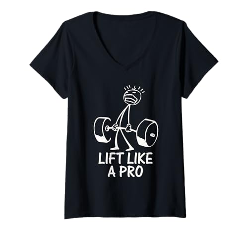 Damen Strichmännchen Lift Like A PRO Lustiges Kraftsport T-Shirt mit V-Ausschnitt von Gym Shirt Strichmännchen Fitnessstudio Training