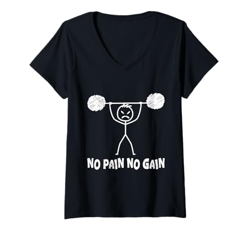 Damen Strichmännchen NO Pain NO GAIN Lustiges Gym T-Shirt mit V-Ausschnitt von Gym Shirt Strichmännchen Fitnessstudio Training
