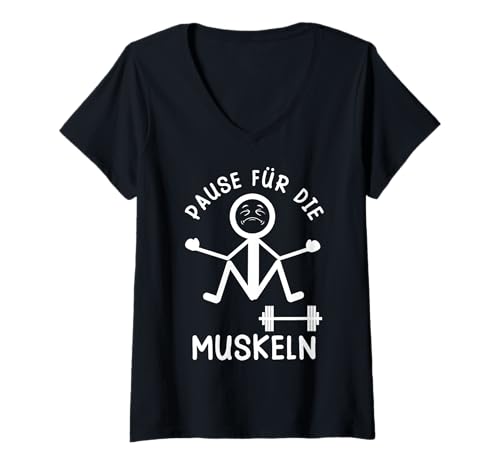 Damen Strichmännchen Pause FÜR DIE Muskeln Lustiges Gym T-Shirt mit V-Ausschnitt von Gym Shirt Strichmännchen Fitnessstudio Training