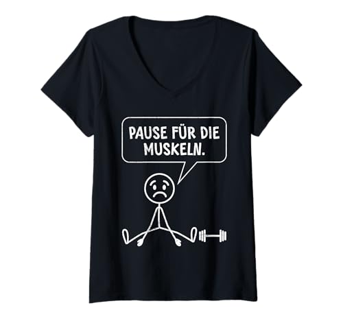 Damen Strichmännchen Pause FÜR DIE Muskeln Lustiges Gym T-Shirt mit V-Ausschnitt von Gym Shirt Strichmännchen Fitnessstudio Training
