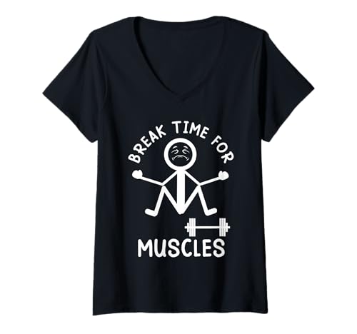 Damen Strichmännchen Pause FÜR DIE Muskeln Lustiges Gym T-Shirt mit V-Ausschnitt von Gym Shirt Strichmännchen Fitnessstudio Training