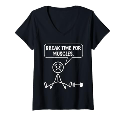 Damen Strichmännchen Pause FÜR DIE Muskeln Lustiges Gym T-Shirt mit V-Ausschnitt von Gym Shirt Strichmännchen Fitnessstudio Training