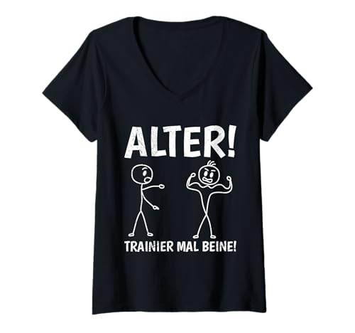 Damen Strichmännchen TRAINIER MAL Beine Lustiges Kraftsport T-Shirt mit V-Ausschnitt von Gym Shirt Strichmännchen Fitnessstudio Training