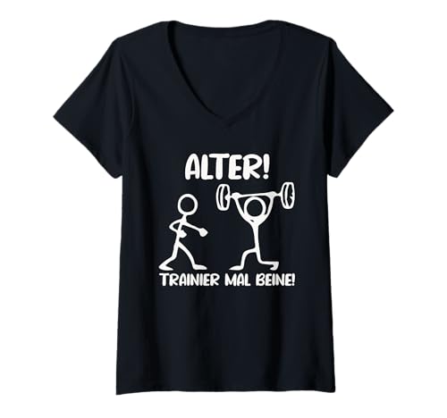 Damen Strichmännchen TRAINIER MAL Beine Lustiges Kraftsport T-Shirt mit V-Ausschnitt von Gym Shirt Strichmännchen Fitnessstudio Training