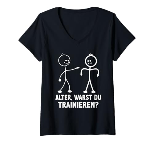 Damen Strichmännchen WARST DU TRAINIEREN LUSTIG Fitnessstudio T-Shirt mit V-Ausschnitt von Gym Shirt Strichmännchen Fitnessstudio Training