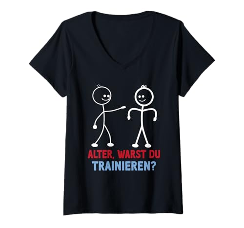 Damen Strichmännchen WARST DU TRAINIEREN LUSTIG Fitnessstudio T-Shirt mit V-Ausschnitt von Gym Shirt Strichmännchen Fitnessstudio Training