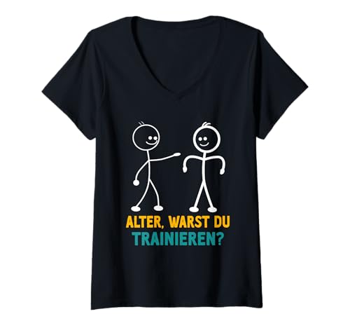 Damen Strichmännchen WARST DU TRAINIEREN LUSTIG Fitnessstudio T-Shirt mit V-Ausschnitt von Gym Shirt Strichmännchen Fitnessstudio Training