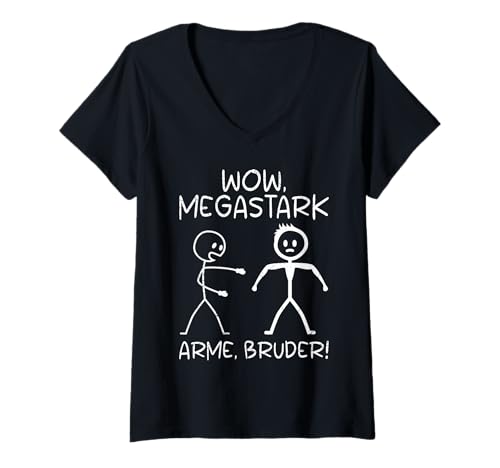 Damen Strichmännchen Wow MEGASTARK Arme Bruder LUSTIG Fitness T-Shirt mit V-Ausschnitt von Gym Shirt Strichmännchen Fitnessstudio Training