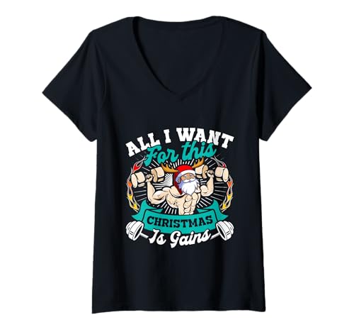 Damen Fitnessstudio All I Want for This Christmas is Weihnachten T-Shirt mit V-Ausschnitt von Gym Shirt Weihnachten Fitnessstudio Muskeltraining