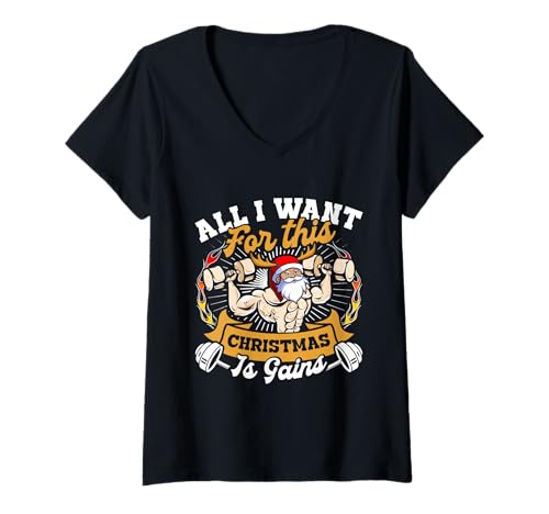 Damen Fitnessstudio All I Want for This Christmas is Weihnachten T-Shirt mit V-Ausschnitt von Gym Shirt Weihnachten Fitnessstudio Muskeltraining