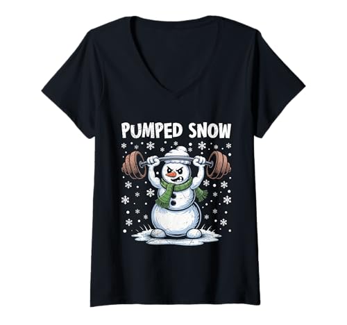 Damen Gewichtheber Pumped Snow Schneemann Lustig Gym T-Shirt mit V-Ausschnitt von Gym Shirt Weihnachten Fitnessstudio Muskeltraining