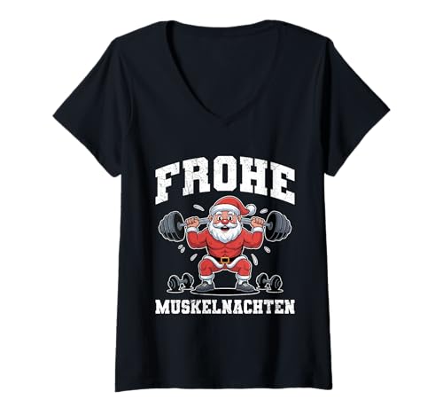 Damen Gym Frohe Muskel Weihnachten Lustiges Gewichtheber T-Shirt mit V-Ausschnitt von Gym Shirt Weihnachten Fitnessstudio Muskeltraining