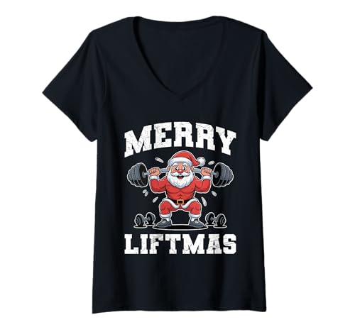 Damen Gym Frohe Muskel Weihnachten Lustiges Gewichtheber T-Shirt mit V-Ausschnitt von Gym Shirt Weihnachten Fitnessstudio Muskeltraining