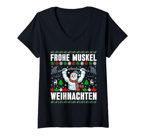 Damen Gym Frohe Muskel Weihnachten Lustiges Kraftsport T-Shirt mit V-Ausschnitt von Gym Shirt Weihnachten Fitnessstudio Muskeltraining