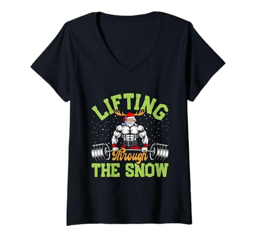 Damen Muskeltraining Lifting Though The Snow LUSTIG Fitnessstudio T-Shirt mit V-Ausschnitt von Gym Shirt Weihnachten Fitnessstudio Muskeltraining
