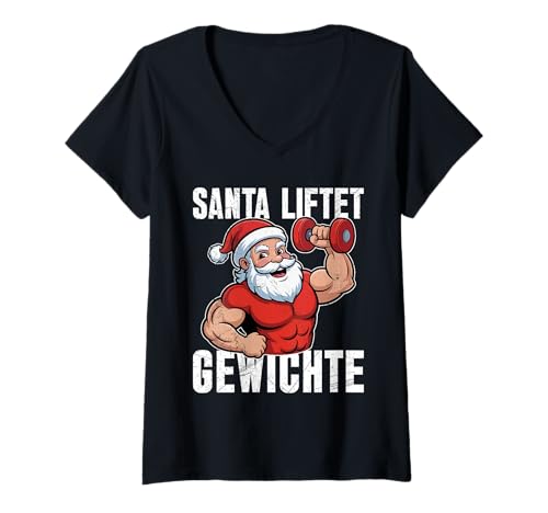 Damen Santa LIFTET Gewichte Gym Lustiges Muskeltraining T-Shirt mit V-Ausschnitt von Gym Shirt Weihnachten Fitnessstudio Muskeltraining