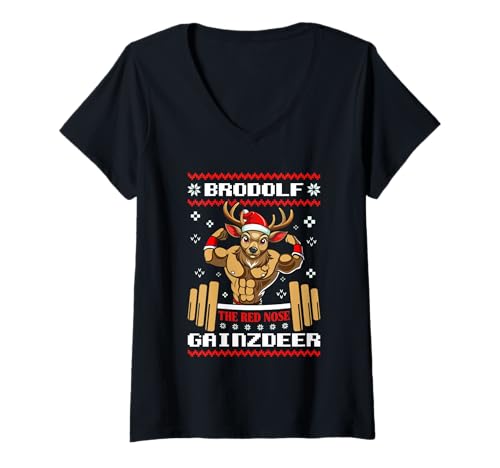 Damen Weihnachten BRODOLF The RED Nose GAINZDEER LUSTIG Fitness T-Shirt mit V-Ausschnitt von Gym Shirt Weihnachten Fitnessstudio Muskeltraining
