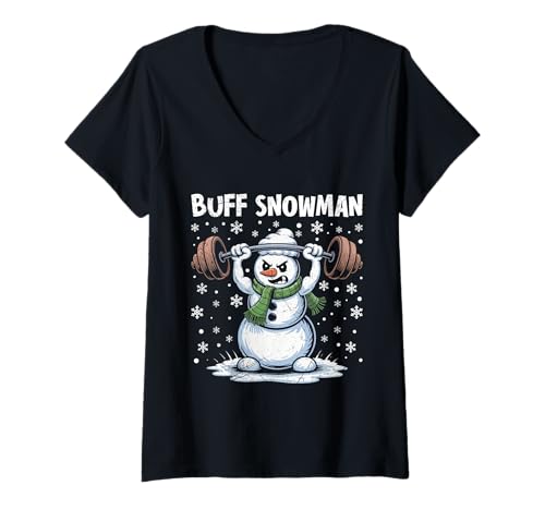 Damen Weihnachten Buff Snowman Lustiges Gewichtheber T-Shirt mit V-Ausschnitt von Gym Shirt Weihnachten Fitnessstudio Muskeltraining