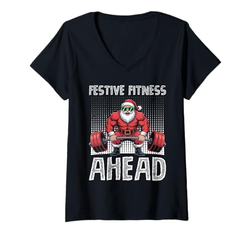 Damen Weihnachten Festive Fitness Fanatic Lustiges Gewichtheber T-Shirt mit V-Ausschnitt von Gym Shirt Weihnachten Fitnessstudio Muskeltraining