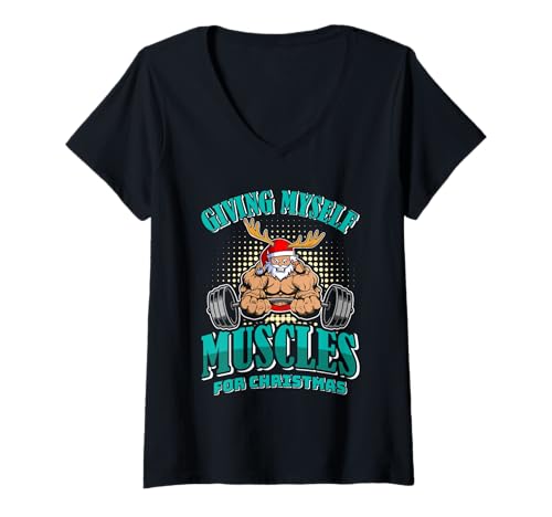 Damen Weihnachten Giving Myself Muscles for Christmas Weihnachten T-Shirt mit V-Ausschnitt von Gym Shirt Weihnachten Fitnessstudio Muskeltraining