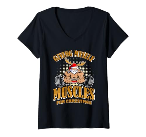 Damen Weihnachten Giving Myself Muscles for Christmas Weihnachten T-Shirt mit V-Ausschnitt von Gym Shirt Weihnachten Fitnessstudio Muskeltraining