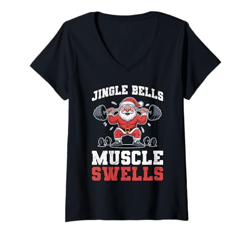 Damen Weihnachten Jingle Bells Muscle SWELLS Lustig Gym T-Shirt mit V-Ausschnitt von Gym Shirt Weihnachten Fitnessstudio Muskeltraining
