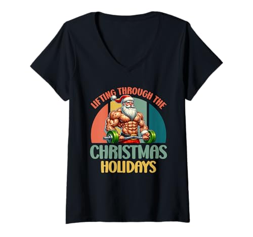 Damen Weihnachten Lifting Through The Christmas Holiday Gym T-Shirt mit V-Ausschnitt von Gym Shirt Weihnachten Fitnessstudio Muskeltraining