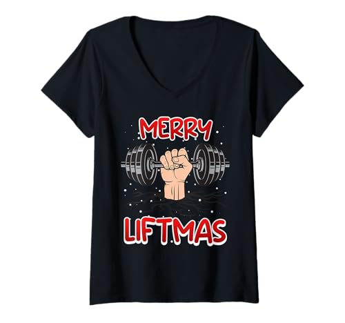 Damen Weihnachten Merry Liftmas Lustiges Muskeltraining T-Shirt mit V-Ausschnitt von Gym Shirt Weihnachten Fitnessstudio Muskeltraining