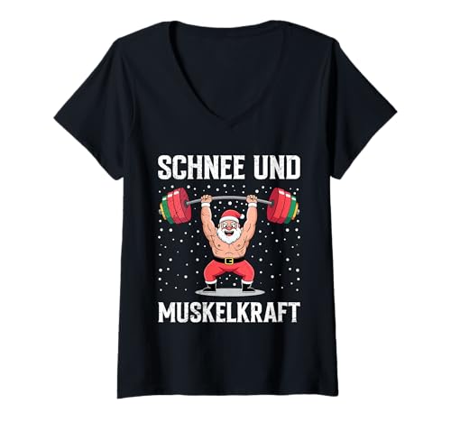 Damen Weihnachten Schnee UND MUSKELKRAFT Lustig Gym T-Shirt mit V-Ausschnitt von Gym Shirt Weihnachten Fitnessstudio Muskeltraining