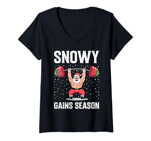 Damen Weihnachten Schnee UND MUSKELKRAFT Lustig Gym T-Shirt mit V-Ausschnitt von Gym Shirt Weihnachten Fitnessstudio Muskeltraining