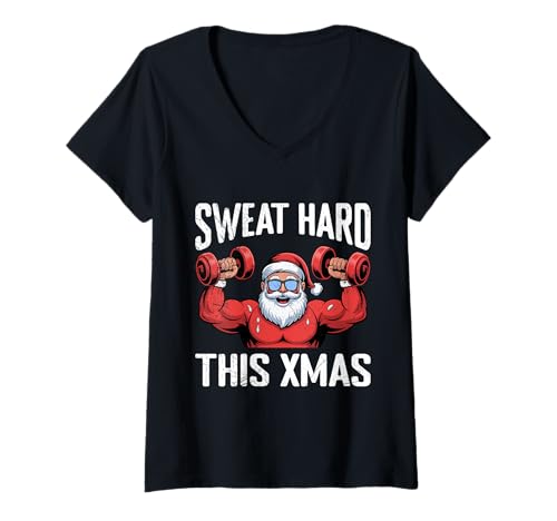 Damen Weihnachten Sweat Hard This Xmas Lustiges Gym T-Shirt mit V-Ausschnitt von Gym Shirt Weihnachten Fitnessstudio Muskeltraining
