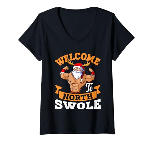 Damen Weihnachten Welcome to North Swole LUSTIG Muskeltraining T-Shirt mit V-Ausschnitt von Gym Shirt Weihnachten Fitnessstudio Muskeltraining