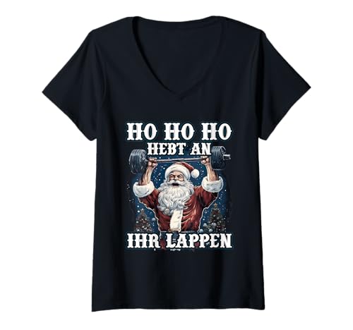 Damen Weihnachtsmann HO HO HO HEBT AN Ihr Lappen Lustig Gym T-Shirt mit V-Ausschnitt von Gym Shirt Weihnachten Fitnessstudio Muskeltraining
