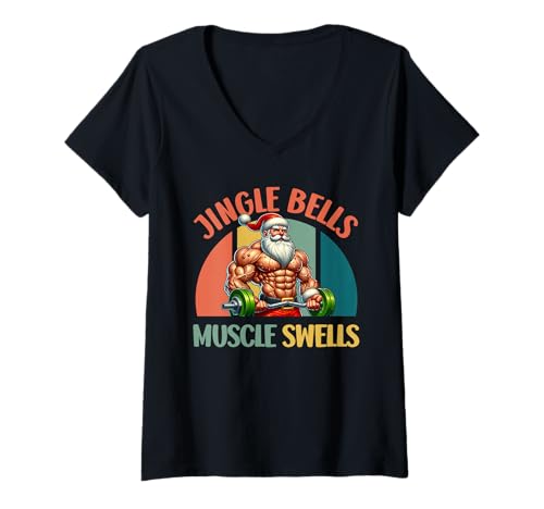 Damen Weihnachtsmann Jingle Bells Muscle SWELLS Lustig Gym T-Shirt mit V-Ausschnitt von Gym Shirt Weihnachten Fitnessstudio Muskeltraining