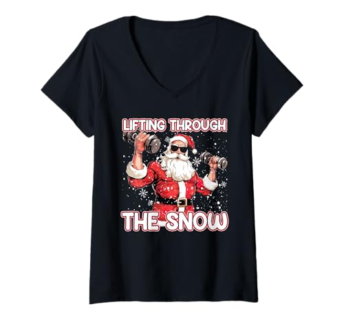 Damen Weihnachtsmann Lifting Through The Snow Lustig Gym T-Shirt mit V-Ausschnitt von Gym Shirt Weihnachten Fitnessstudio Muskeltraining