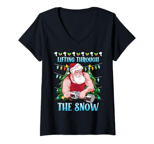 Damen Weihnachtsmann Lifting Through The Snow Lustig Krafttraining T-Shirt mit V-Ausschnitt von Gym Shirt Weihnachten Fitnessstudio Muskeltraining