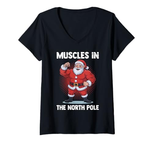 Damen Weihnachtsmann Muscles IN The North Pole Lustig Gym T-Shirt mit V-Ausschnitt von Gym Shirt Weihnachten Fitnessstudio Muskeltraining